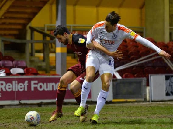 Harry Cornick makes a challenge in Tuesday night's 1-0 win at Bradford