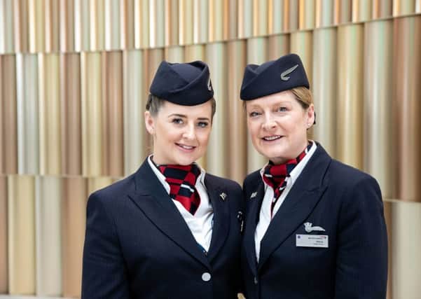 Leah Bygrave and her mum Maria Bygrave (both Cabin Crew) who were working together on a flight for Mother's Day pictured at T5, London Heathrow.  (Picture by Nick Morrish/British Airways)