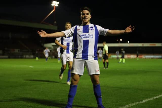 Aaron Connolly celebrates a goal for Brighton U23s