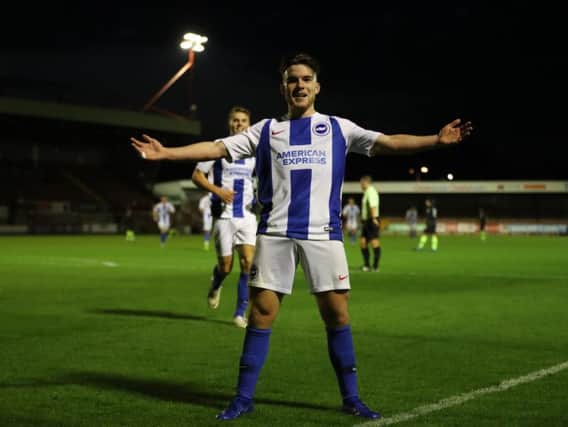 Aaron Connolly celebrates a goal for Brighton U23s