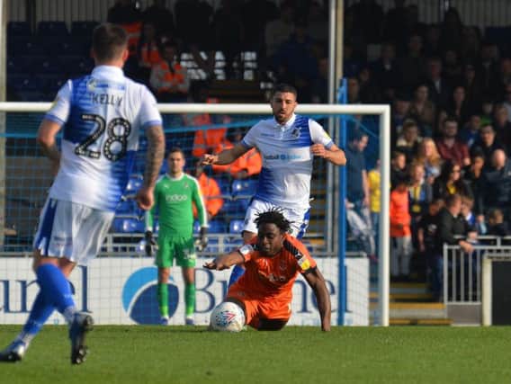 Pelly-Ruddock Mpanzu is fouled during his 200th game at Bristol Rovers