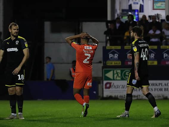 James Justin can't hide his disappointment after Luton were held by AFC Wimbledon