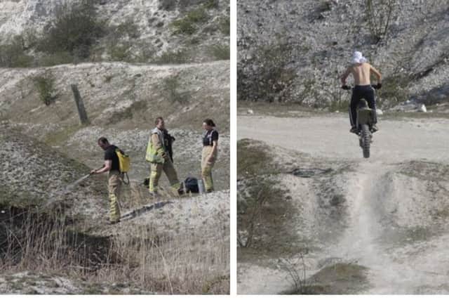 Left: Firefighters wet the area to ensure there are no more flames on the dry, hot day. Right: One of the bikers spotted by the resident (who also supplied the images).