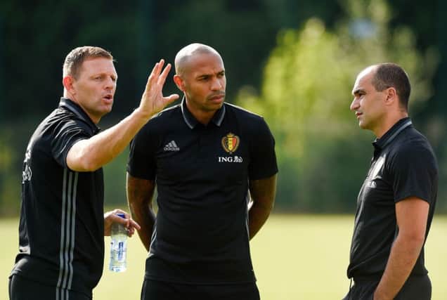 New Luton boss Graeme Jones with Thierry Henry and Roberto Martinez during his time at Belgium - Getty Images