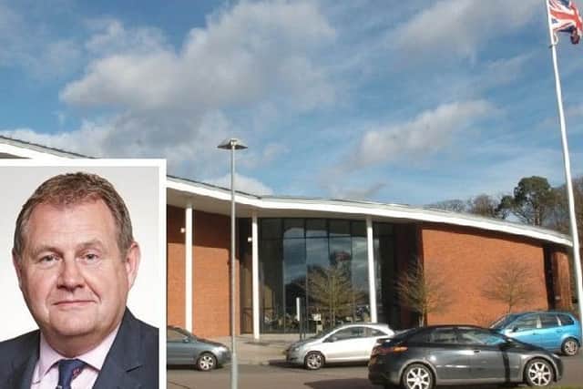 Ex-Cllr Richard Stay (inset), CBC head offices at Chicksands