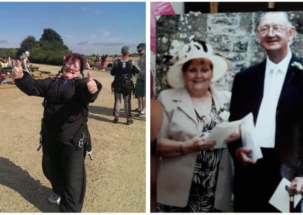 Left: Margaret completed her skydive in 2014. Right: with Anthony.