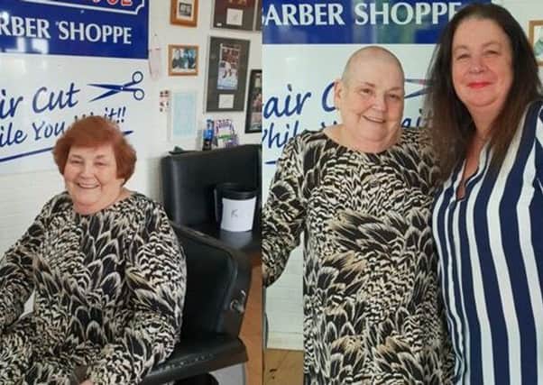Margaret before the head shave (left) and after with hairdresser Tanya.