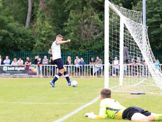 James Collins scores his second at Welwyn Garden City on Saturday
