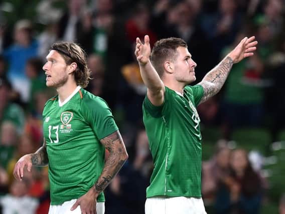 James Collins celebrates his debut goal for Ireland this evening