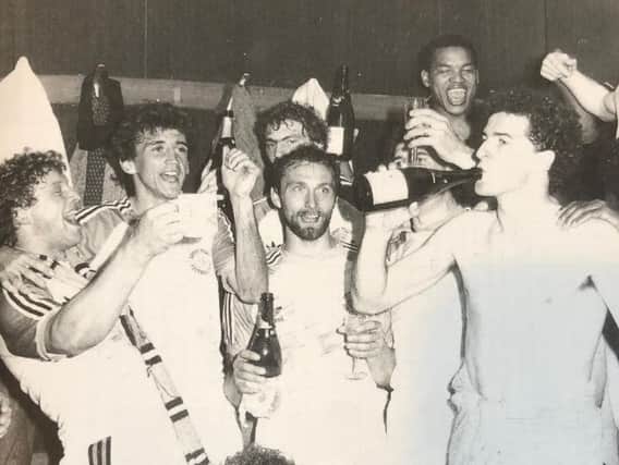 The Hatters players celebrate winning promotion at the end of the 1981-82 season