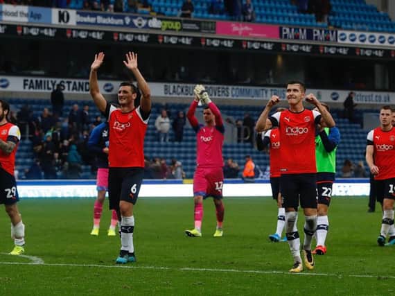 The Hatters' players enjoy a 2-1 win at Blackburn on Saturday