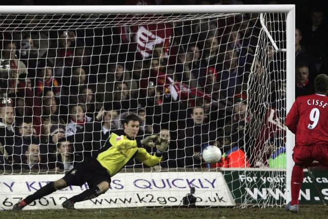 Marlon Beresford saves a penalty from Djibril Ciss during Luton's 5-3 FA Cup defeat to Liverpool in 2006
