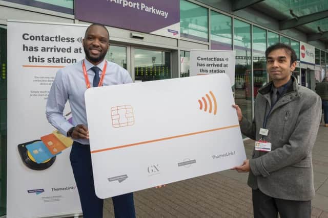 Pay as you go with contactless has been launched at Luton Airport Parkway station. L-R: Luton/Leagrave Station Manager Hilton Matereke and St Albans Station Manager Harsitt Chandak. Photo by Peter Alvey