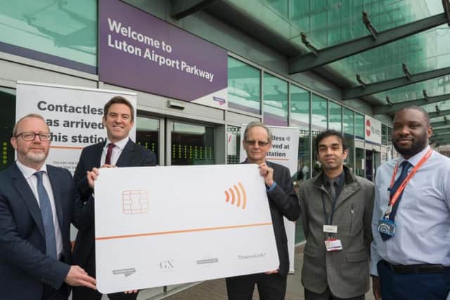 Pay as you go with contactless has been launched at Luton Airport Parkway station. L-R: GTR's Commercial Director David Gornall, Luton Airport's Oli Jaycock, Luton Borough Council's Keith Dove, St Albans Station Manager Harsitt Chandak and Luton/Leagrave Station Manager Hilton Matereke. Photo by Peter Alvey