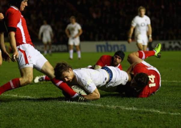 LONDON, ENGLAND - FEBRUARY 24:  Josh Bassett of England scores a try during the RBS Under-20 Six Nations match between England-U20 and Wales-U20 at Twickenham Stoop on February 24, 2012 in London, England.  (Photo by Warren Little/Getty Images)