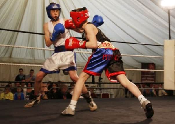 Punching power: Steven Duffy, of The Academy Luton, claimed victory against George Johnson (Earl Shilton) on a good night for the home club in the ring