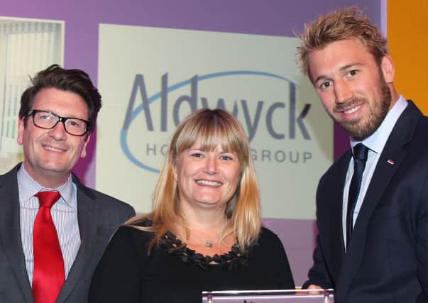 From left, Joe Cook, Aldwyck executive director, sales and development, Nina Challenor, Aldwyck's marketing communications manager and England rugby captain Chris Robshaw