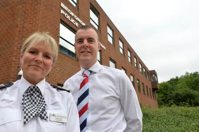 PCC Olly Martins with Chief Constable Colette Paul outside Bedfordshire Police HQ Kempston