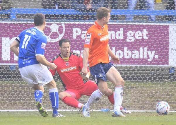 Lee Gregory scores for FC Halifax on Saturday