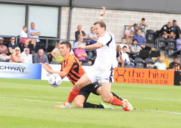 Shaun Whalley wins a penalty at Barnet on Sunday