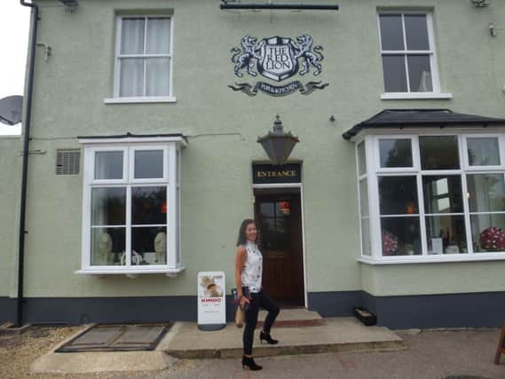 Cathy Price outside the Red Lion Pub in Sundon