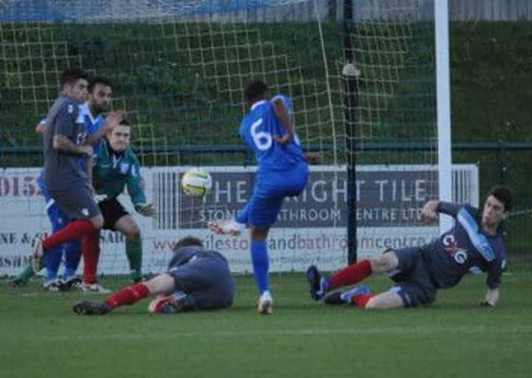 Taishan Griffiths lashes home AFC Dunstable's second goal - pic: Gary Brown