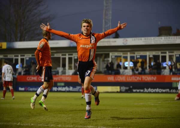 JJ O'Donnell celebrates a goal for Luton
