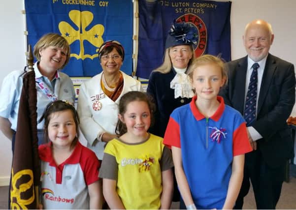 Bedfordshire girlguides celebrated their centenary at an event in Luton. Pictured from Left to Right are County Commissioner Ann Crom, Deputy Lord Lieutenant Dr Nazia Khanum OBE, Bedfordshire High Sheriff Lady Erroll, Luton North MP Kelvin Hopkins MP. PNL-150806-135337003