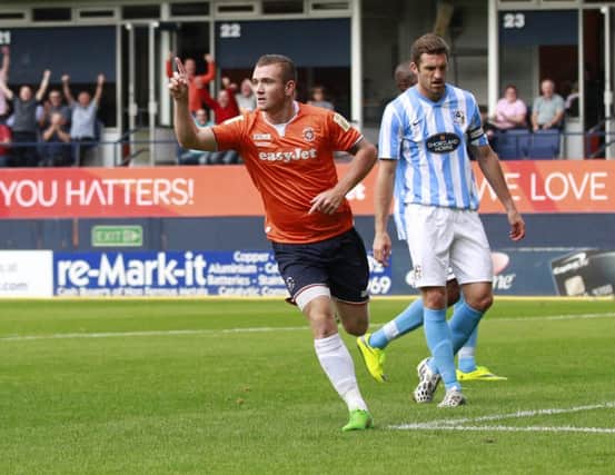 Jack Marriott celebrates his equaliser during the Friendly match between Luton Town and Coventry City at Kenilworth Road, Luton, England on 25 July 2015. Photo by Liam Smith. PNL-150725-193222002