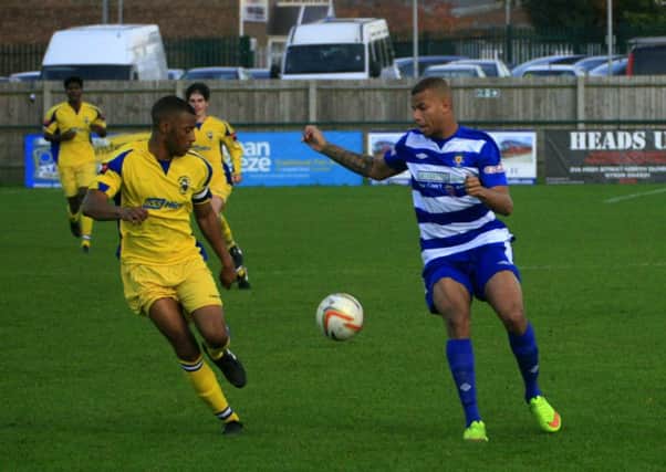 Jemale McKenzie-Lowe in action for Dunstable against Haringey Borough