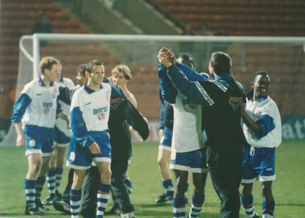Hatters U18s celebrate their FA Youth Cup quarter-final win at Watford in 1997