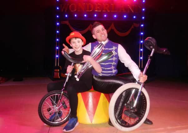 Luton  student Luke McQuillan with Joel Hatton of Circus Wonderland