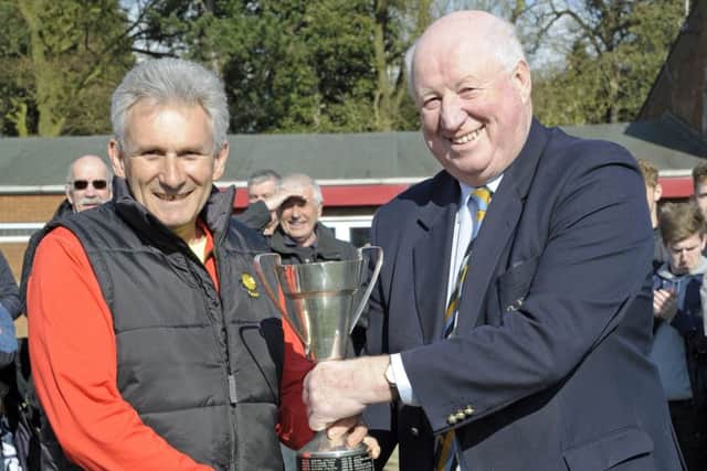 Stockwood Park coach Stephen Morgan receives the Beds County Cup