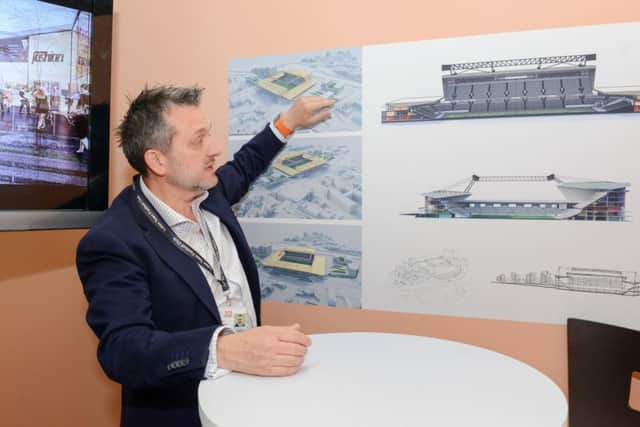 LTFC chief Gary Sweet speaks through the elevations of the new stadium