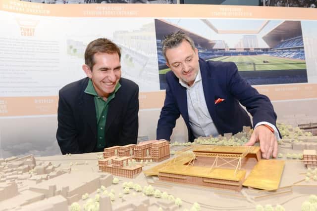 Architect Manuel Nogueira (left) and Hatters chief executive Gary Sweet share a joke as the lid is lifted on LTFC's plans for Power Court