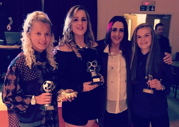 First team trophy winners: l-r Tash Fensome, Jess McKay, Nikki Baker (manager) and Erica Byron
