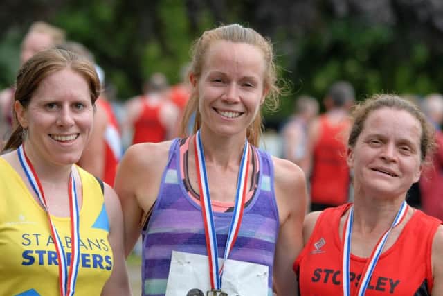 Ladies race: (l-r) Lucy Waterlow, second, Victoria Pritchard, first and Christine Lathwell, third