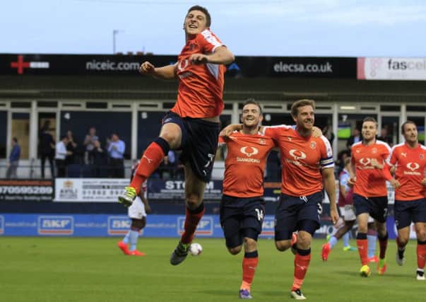 Jake Gray celebrates his first Luton goal against Aston Villa