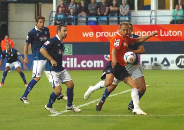 Paul Benson goes close during Luton's 0-0 draw with Grimsby in September 2013