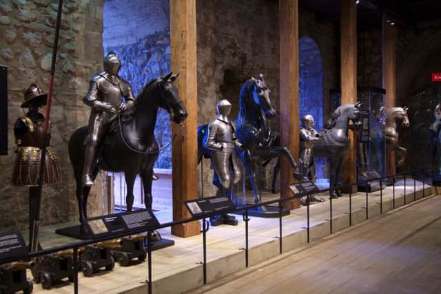 A contemporary view of the redisplay of the historic Line of Kings at the Tower of London.