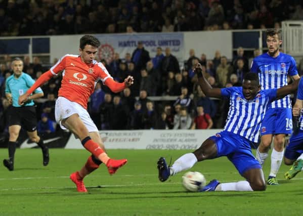 Alex Gilliead shoots for goal at Hartlepool on Tuesday night