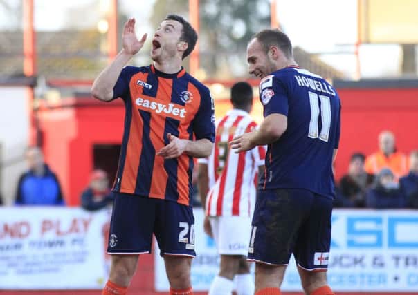 Shaun Whalley and Jake Howells celebrate Luton's leveller at Cheltenham during Town's 1-1 draw in 2015
