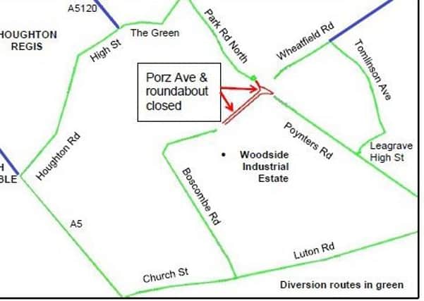 Porz Avenue roundabout diversion from 22/10/16 to 30/10/16. Photo provided by Central Bedfordshire Council.