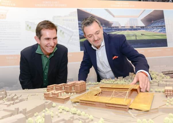 Hatters chief executive Gary Sweet and architect Manuel Nogueira with a model of Power Court
