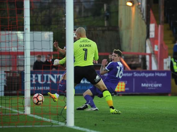 Glen Rea scores Luton Town's second goal at Exeter City
