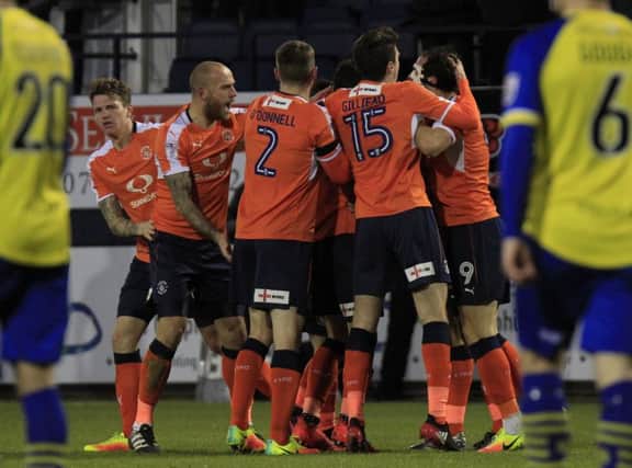 Luton celebrate Johnny Mullins' first goal for the club as they beat Solihull on Saturday