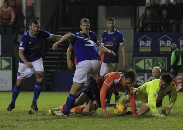 Cameron McGeehan can't quite turn the ball over the line against Carlisle