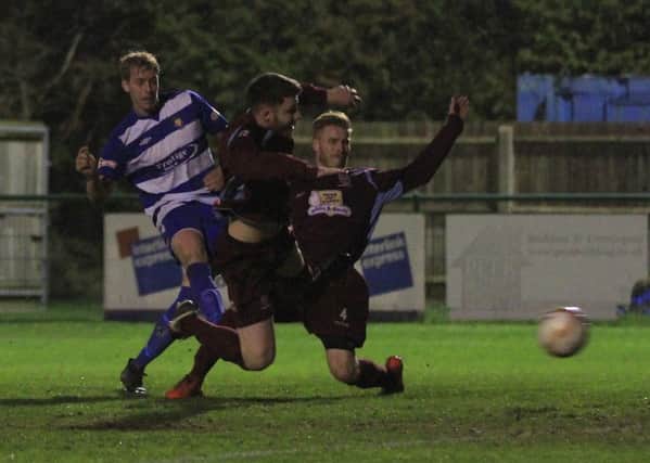 Shane Bush levels the scores for Dunstable against Crawley Green
