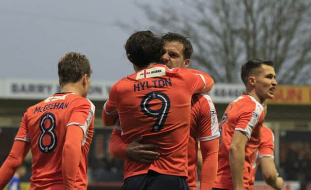 Danny Hylton celebrates another goal for the Hatters