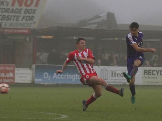 Jonathan Smith goes close for Luton during their 2-1 defeat at Accrington